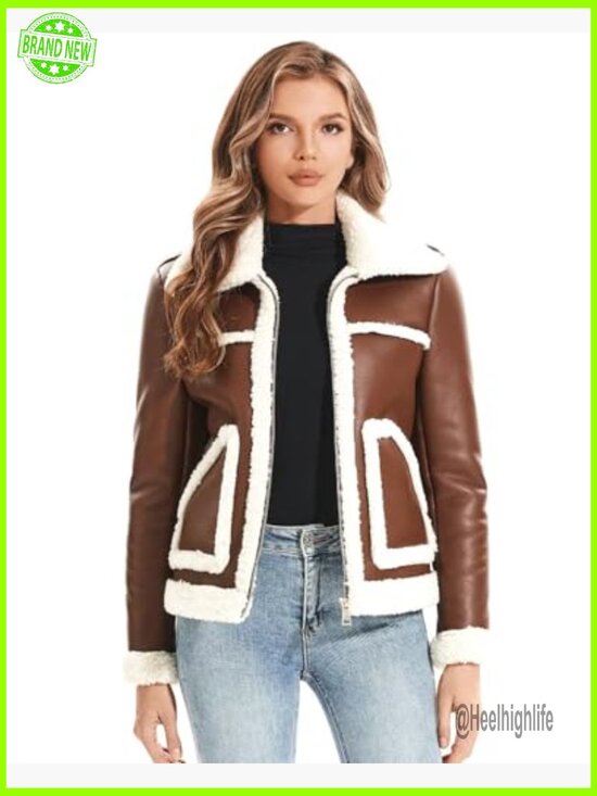 Faux Fur Lined Leather Moto Jacket Women's Winter Coat Sherpa Lined - Picture 3 of 7